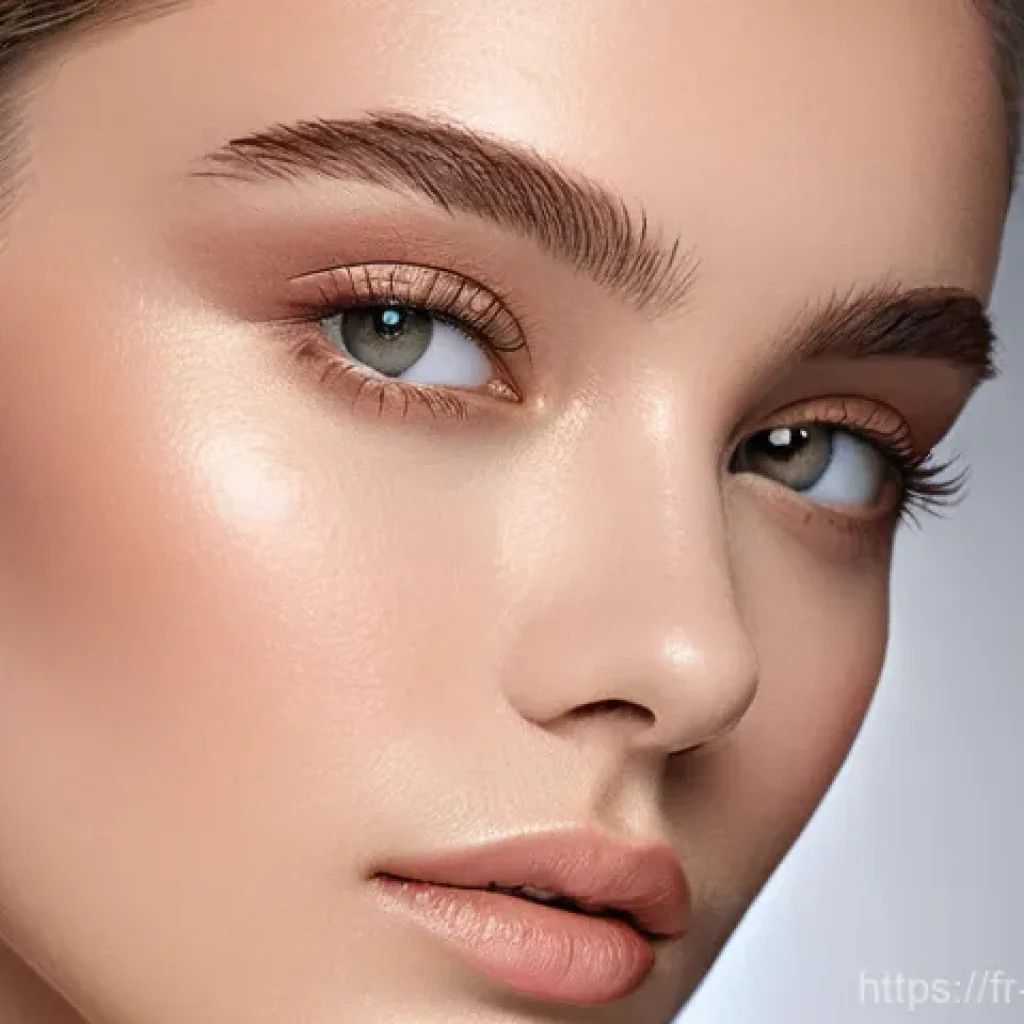 데일리 메이크업용 누드 톤 팔레트 - **Prompt:** A close-up portrait of a young woman, aged 18-25, showcasing a radiant "second skin" nud...