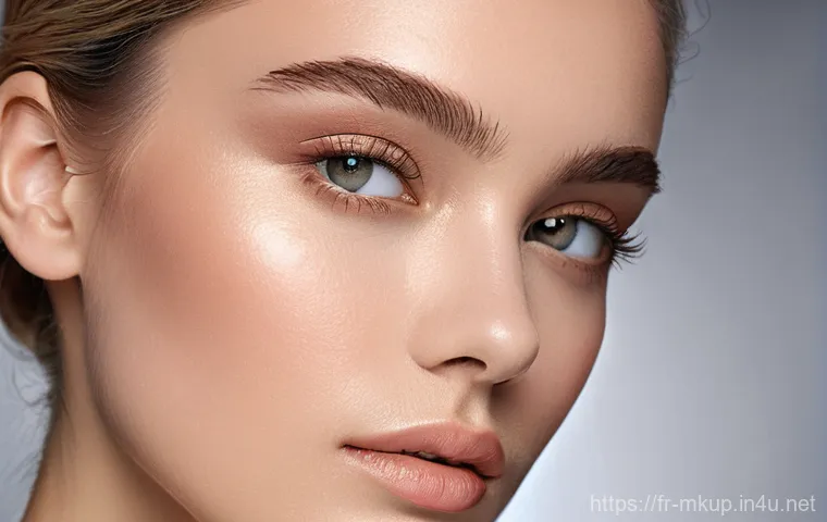 데일리 메이크업용 누드 톤 팔레트 - **Prompt:** A close-up portrait of a young woman, aged 18-25, showcasing a radiant "second skin" nud...