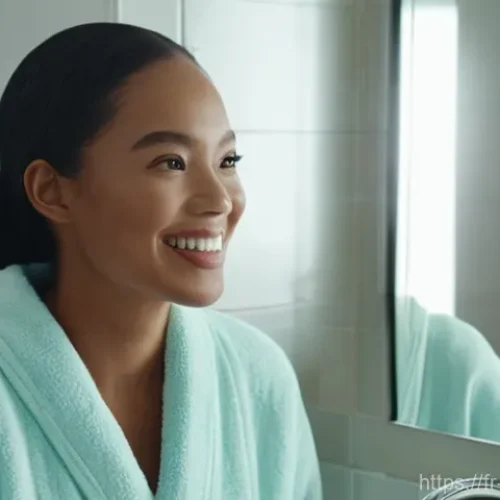 Home 23 스킨케어 겸용 메이크업 제품 추천 - **Prompt:** A radiant, confident woman in her early 30s is standing in a brightly lit, modern bathro...