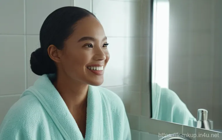 스킨케어 겸용 메이크업 제품 추천 - **Prompt:** A radiant, confident woman in her early 30s is standing in a brightly lit, modern bathro...