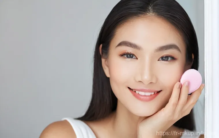 브러쉬와 뷰티 스펀지의 차이 - **Prompt 2: Achieving a Dewy "Second Skin" Look with a Damp Beauty Sponge**
    "A woman with a warm...