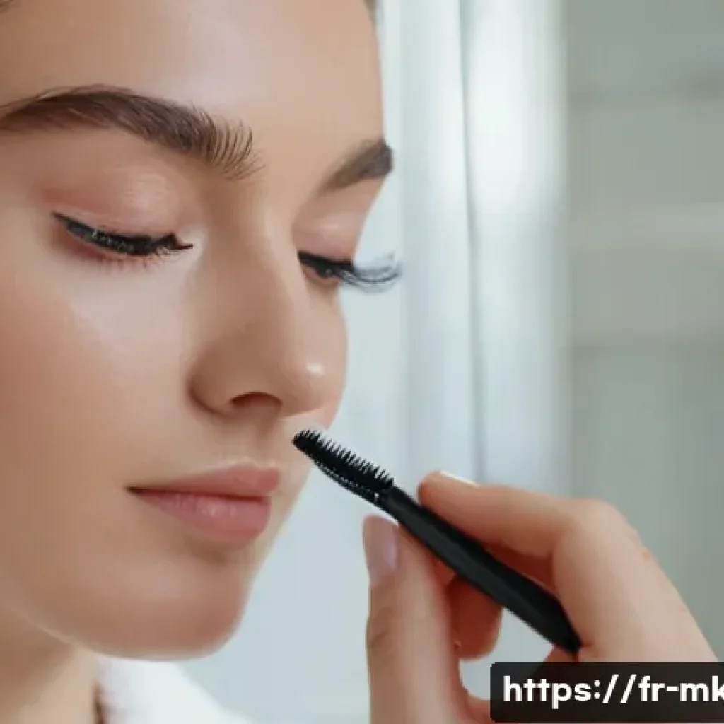 속눈썹 전용 프라이머 추천 - A close-up portrait of a young French woman applying eyelash primer in a softly lit modern bathroom ...