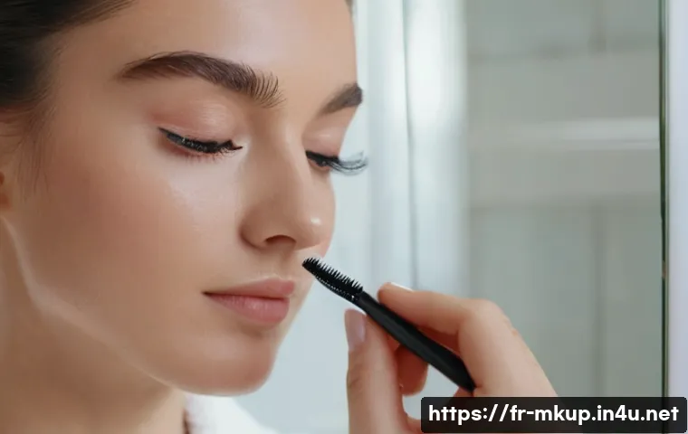 속눈썹 전용 프라이머 추천 - A close-up portrait of a young French woman applying eyelash primer in a softly lit modern bathroom ...