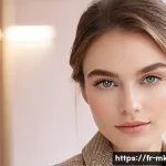Home 22 홀리카홀리카 글리터 섀도우 리뷰 - A close-up portrait of a young French woman in a softly lit office environment during daytime, weari...