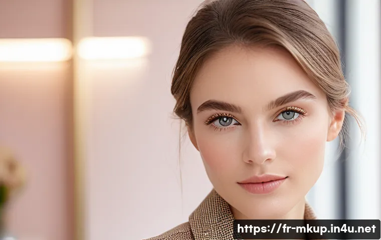 홀리카홀리카 글리터 섀도우 리뷰 - A close-up portrait of a young French woman in a softly lit office environment during daytime, weari...
