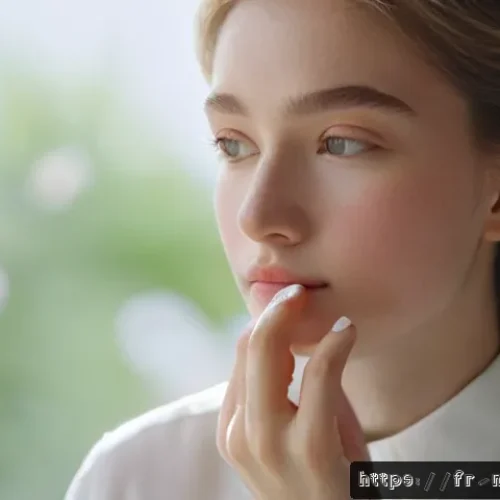 Home 33 블러셔 스틱과 파우더 블러셔 차이 - A close-up portrait of a young woman with fair skin applying a subtle peach-colored powder blush usi...