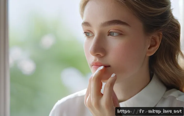 블러셔 스틱과 파우더 블러셔 차이 - A close-up portrait of a young woman with fair skin applying a subtle peach-colored powder blush usi...