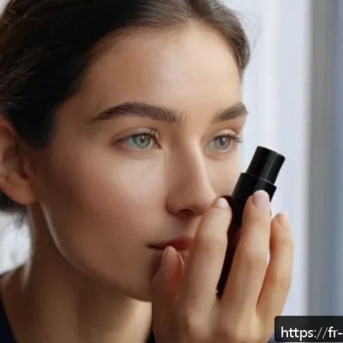 Home 32 마무리감을 살리는 메이크업 픽서 - A close-up portrait of a young French woman with flawless, natural makeup, applying a lightweight ma...