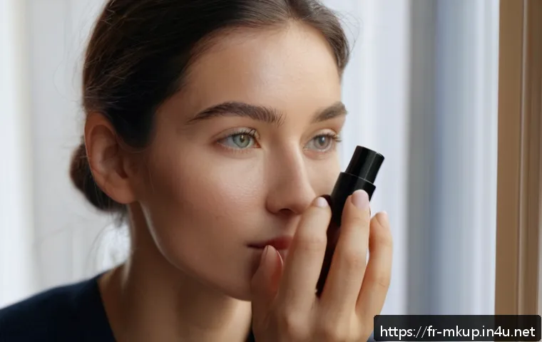 마무리감을 살리는 메이크업 픽서 - A close-up portrait of a young French woman with flawless, natural makeup, applying a lightweight ma...
