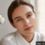 Home 19 톤 업 크림과 메이크업 베이스 차이 - A close-up portrait of a young French woman with naturally glowing skin, applying a lightweight illu...