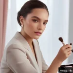Home 18 멀티 팔레트로 완성하는 메이크업 - A sophisticated makeup vanity scene featuring a diverse woman with fair skin applying a soft, cold-t...