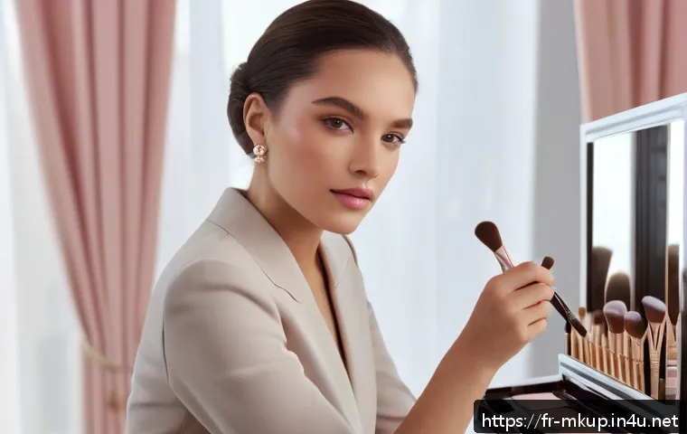 멀티 팔레트로 완성하는 메이크업 - A sophisticated makeup vanity scene featuring a diverse woman with fair skin applying a soft, cold-t...