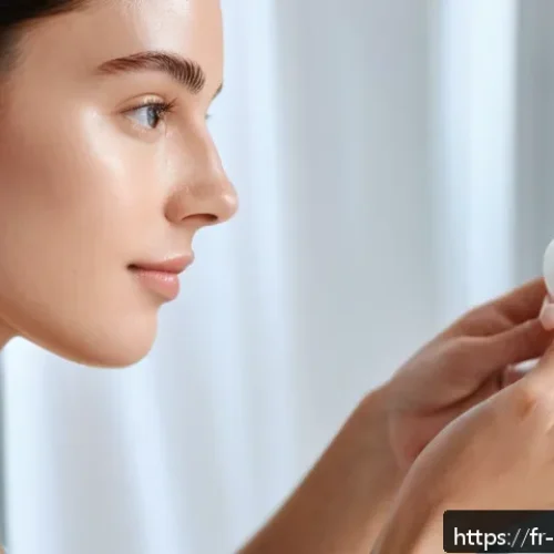 Home 17 오일 프리 글로우 메이크업 베이스 - A close-up portrait of a young French woman with flawless, radiant skin, applying a lightweight, oil...