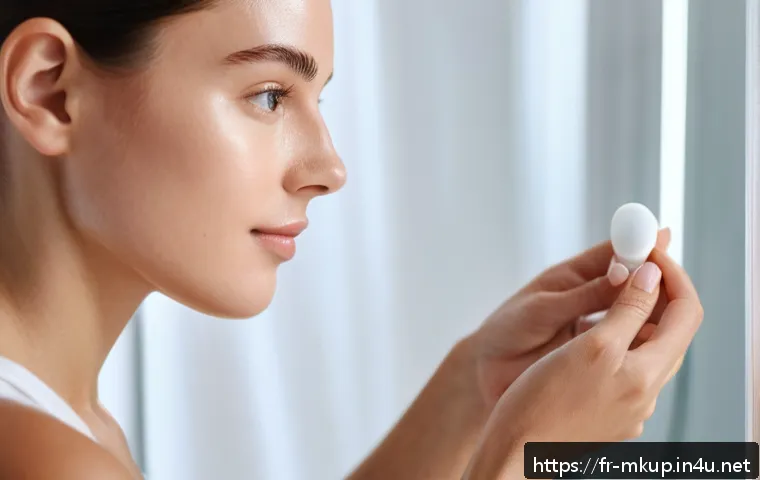 오일 프리 글로우 메이크업 베이스 - A close-up portrait of a young French woman with flawless, radiant skin, applying a lightweight, oil...